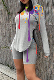 Casual Print Split Joint Asymmetrical Hooded Collar Long Sleeve Two Pieces