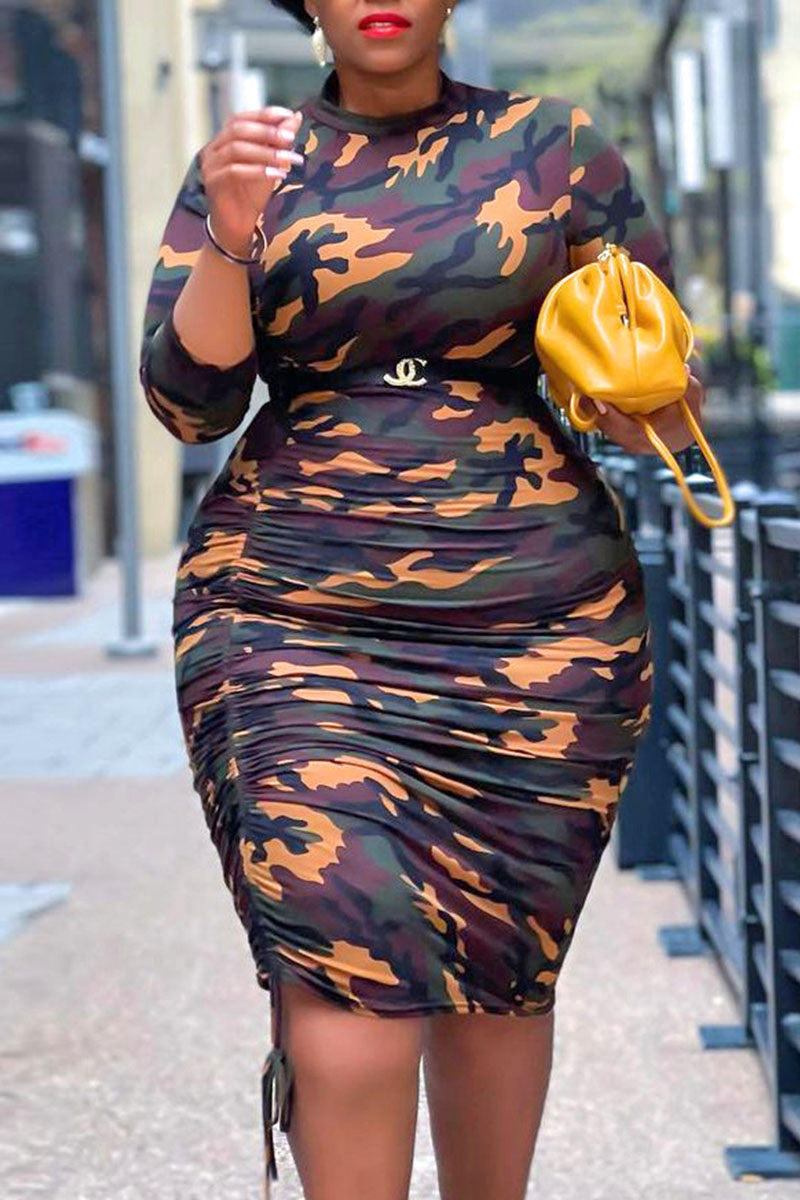 Casual Camouflage Print Split Joint Draw String Fold O Neck Pencil Skirt Plus Size Dresses