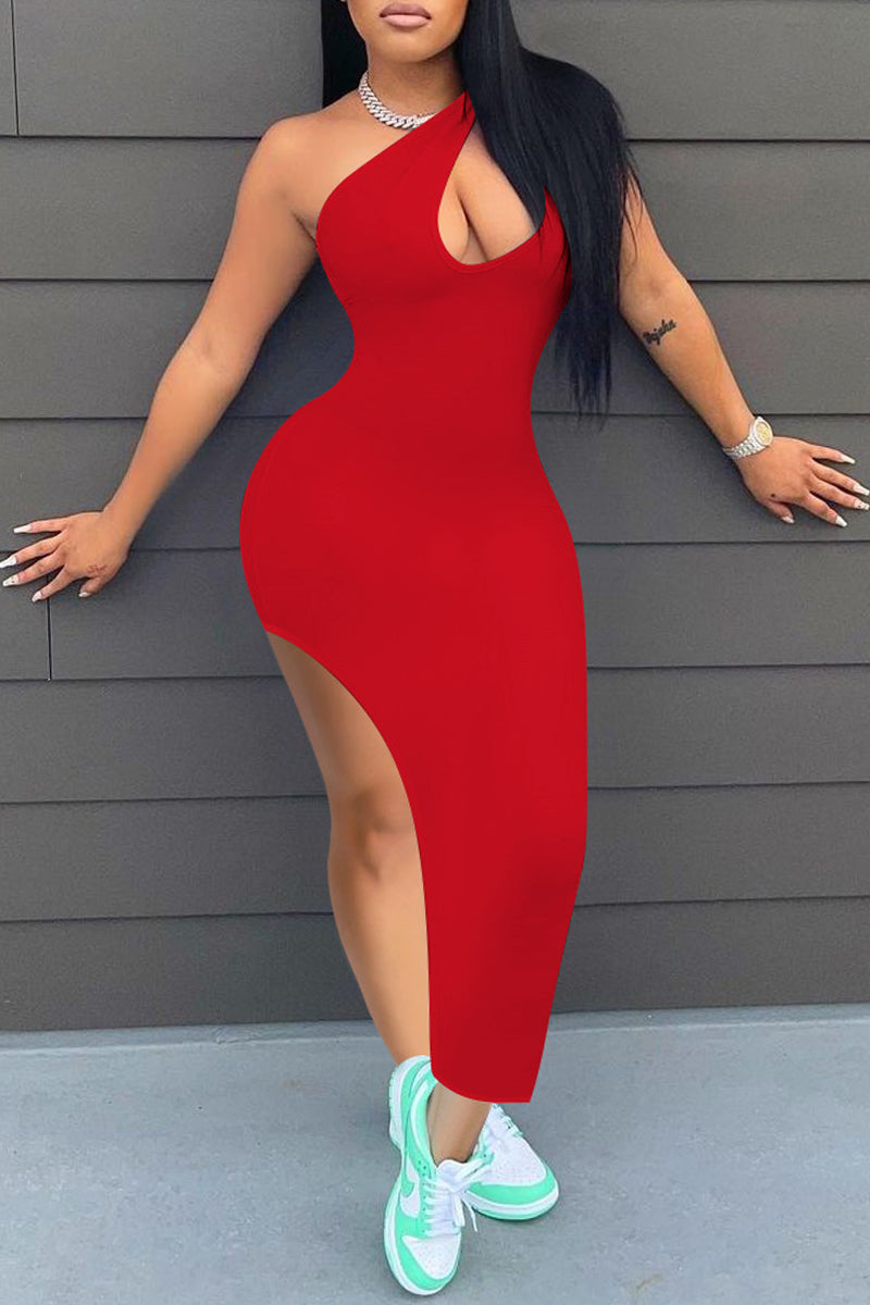 Fashion Sexy Solid Hollowed Out Slit One Shoulder Sleeveless Dress Dresses