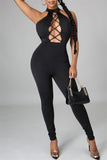 Sexy Casual Solid Hollowed Out Backless O Neck Skinny Jumpsuits