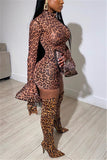 Fashion Sexy Mesh Print Leopard Flare Sleeve Dress