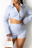 Fashion Casual Striped Print Split Joint Turndown Collar Long Sleeve Two Pieces