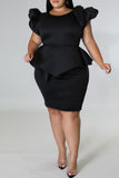 Casual Solid Patchwork Flounce O Neck One Step Skirt Plus Size Two Pieces