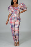 Fashion Striped Print Khaki Short Sleeve Jumpsuit