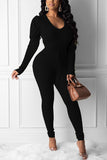 Fashion Casual Patchwork Long Sleeve V-Neck Black Two Piece Suit