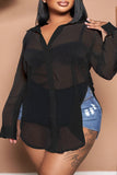 Casual Solid See-through Slit Shirt Collar Plus Size Tops