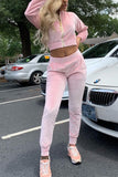 Fashion High Collar Sexy Sports Long Sleeve Pink Two-Piece Suit