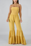 Sexy Off Shoulder Lotus Leaf Edge Yellow Jumpsuit