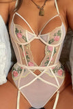 Sexy Solid Embroidered Hollowed Out Split Joint See-through Valentines Day Lingerie