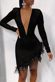 Sexy Solid Split Joint Feathers Mesh O Neck One Step Skirt Dresses