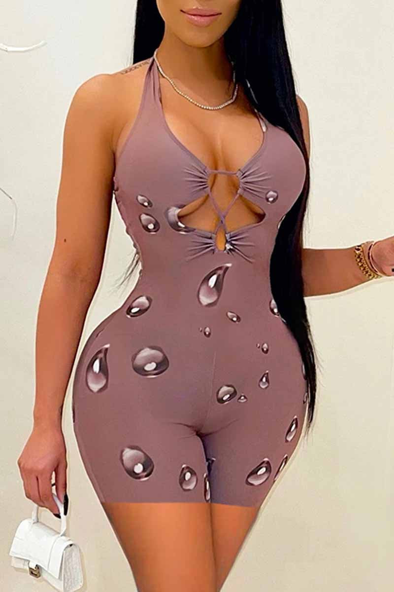 Fashion Sexy Print Backless Halter Skinny Jumpsuits