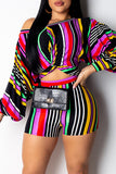 Fashion Casual Striped Print Basic Oblique Collar Long Sleeve Two Pieces