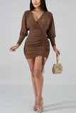 Sexy Deep V-Neck Perspective Brown Solid Dress