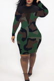 Sexy Casual Print Split Joint See-through O Neck Long Sleeve Dresses