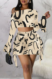 Sexy Street Print Patchwork Patch One Shoulder Long Sleeve Two Pieces