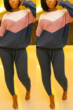 Casual Contrast Color Patchwork Belted Sweater Pink Two Piece Suit