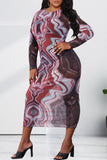 Fashion Casual Print See-through O Neck Long Sleeve Plus Size Dresses