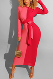 Fashion Stitching Personality Belt Red Dress