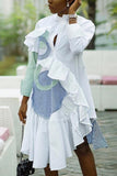 Fashion Striped Stitching Ruffled White Irregular Dress