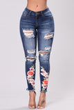 Fashion Casual Embroidered Slim Blue Denim Trousers