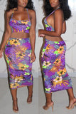 Sexy Fashion Print Sleeveless Top Skirt Purple Set