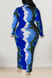 Casual Print Patchwork Turndown Collar One Step Skirt Plus Size Dresses