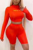 Sexy Fashion Print Long Sleeve Top Orange Shorts Set