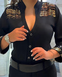 Contrast Sequin Buttoned Long Sleeve Top