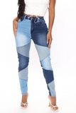 Casual Color Block Split Joint Mid Waist Skinny Denim Jeans