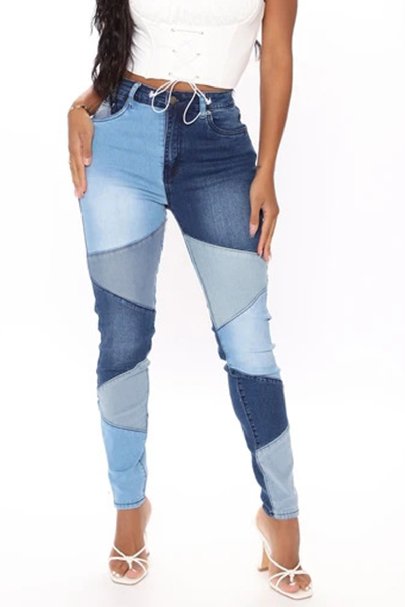 Casual Color Block Patchwork Mid Waist Skinny Denim Jeans