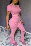 Fashion Casual Short Sleeve T-shirt Trousers Pink Set