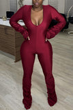 Sexy Solid Fold V Neck Jumpsuits