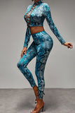 Sexy Print Bandage Hollowed Out Split Joint O Neck Long Sleeve Two Pieces