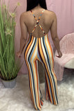 Sexy Casual Striped Print Backless O Neck Regular Jumpsuits