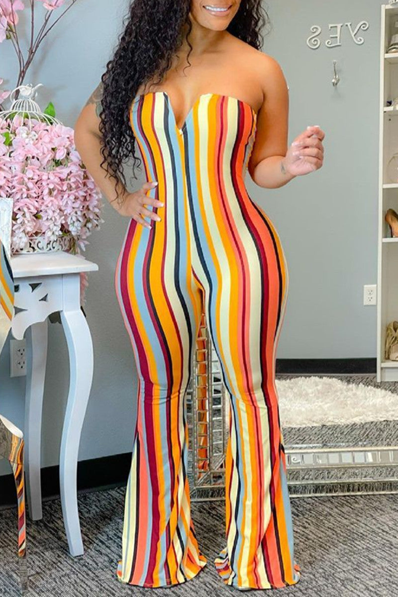 Sexy Casual Striped Print Backless Strapless Regular Jumpsuits