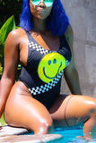 Lovely Smiling Face Black One-piece Swimsuit