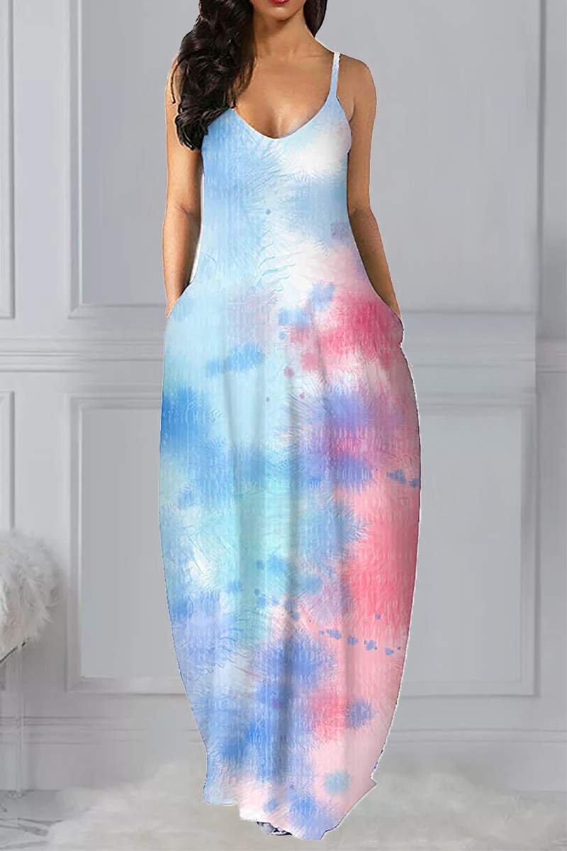 Casual Patchwork Tie-dye V Neck Straight Dresses