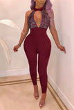 Polyester Elastic Fly Sleeveless Mid diamonds backless Patchwork pencil Pants  Jumpsuits & Rompers