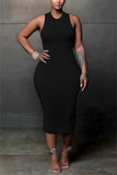 Active Black Light Gray Tank Sleeveless O neck Pencil Dress Mid-Calf Solid hollow out Dresses