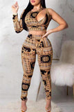 Fashion Print Hollowed Out O Neck Long Sleeve Two Pieces