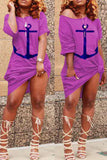 Fashion Casual White Blue purple Cap Sleeve Short Sleeves O neck Asymmetrical Knee-Length Print Dresses