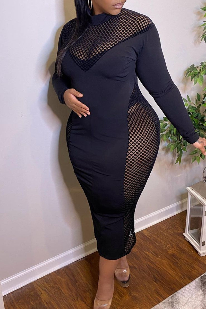 Fashion Plus Size Patchwork Hollowed Out See-through Turtleneck Long Sleeve Dresses