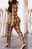 Trendy Grids Printed Yellow Twilled Satin Two-piece Pants Set