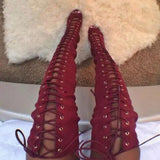 Fashion Sexy Hollowed Out Solid Color Lace Up High Heel Boots