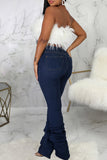 Fashion Casual Solid Ripped Fold High Waist Regular Denim Jeans