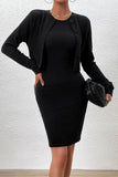 Elegant Solid Buttons O Neck Long Sleeve Two Pieces