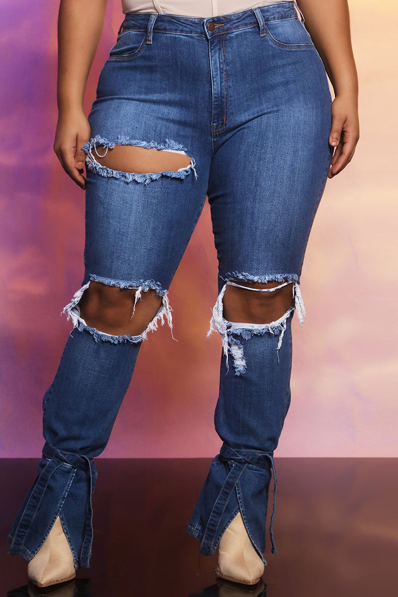 Fashion Casual Solid Ripped Hollowed Out Slit High Waist Regular Jeans