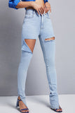 Fashion Casual Solid Ripped Slit High Waist Skinny Denim Jeans