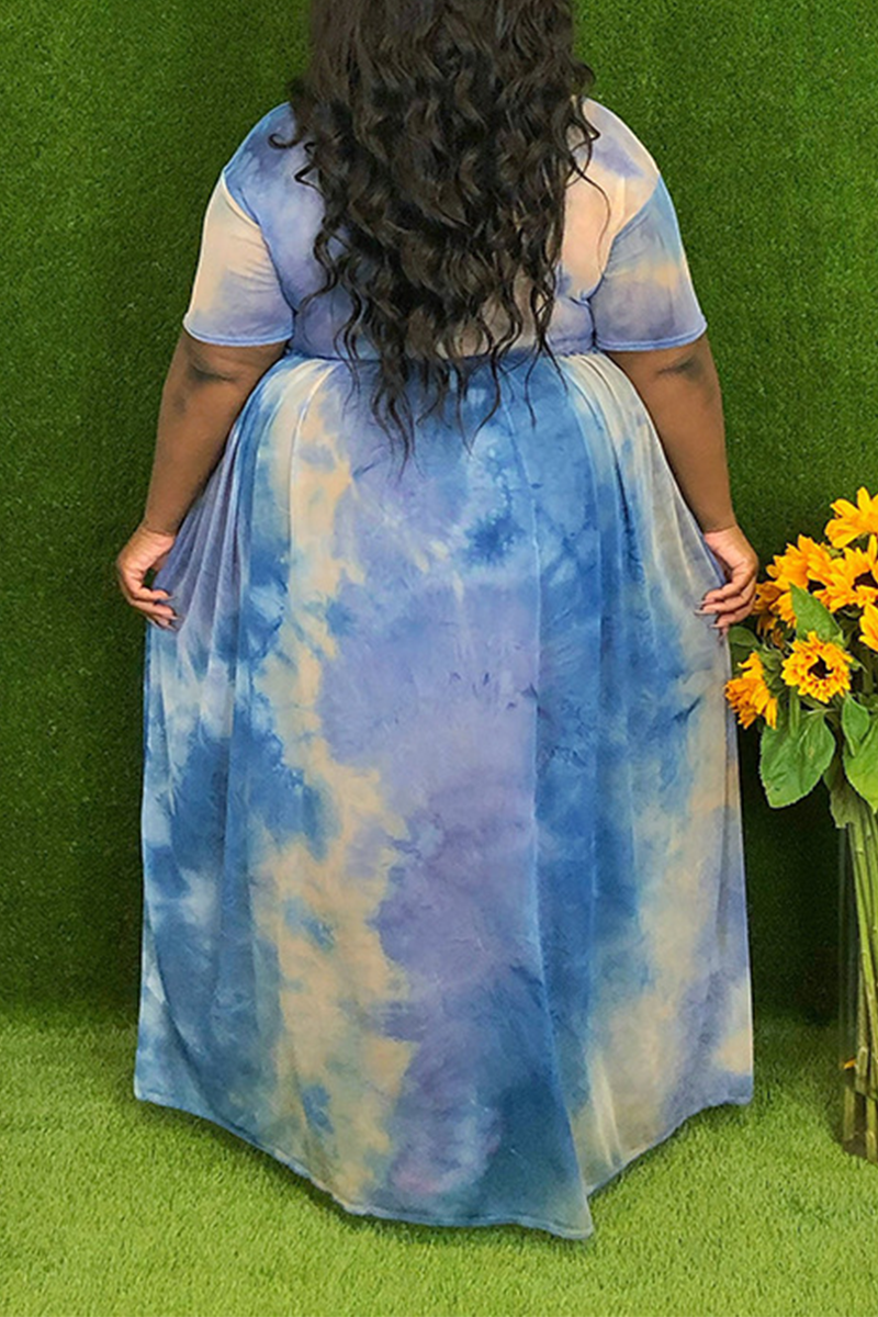 Casual Patchwork Tie-dye O Neck Cake Skirt Plus Size Dresses