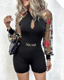 Floral Embroidery Sheer Mesh Patch Romper